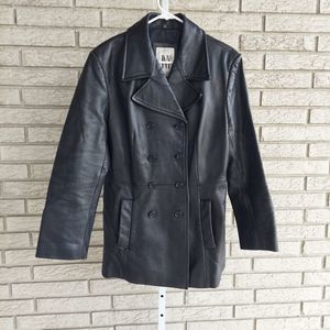 Vintage Jones New York Black Leather Peacoat Style Jacket w/Pockets Large GUC